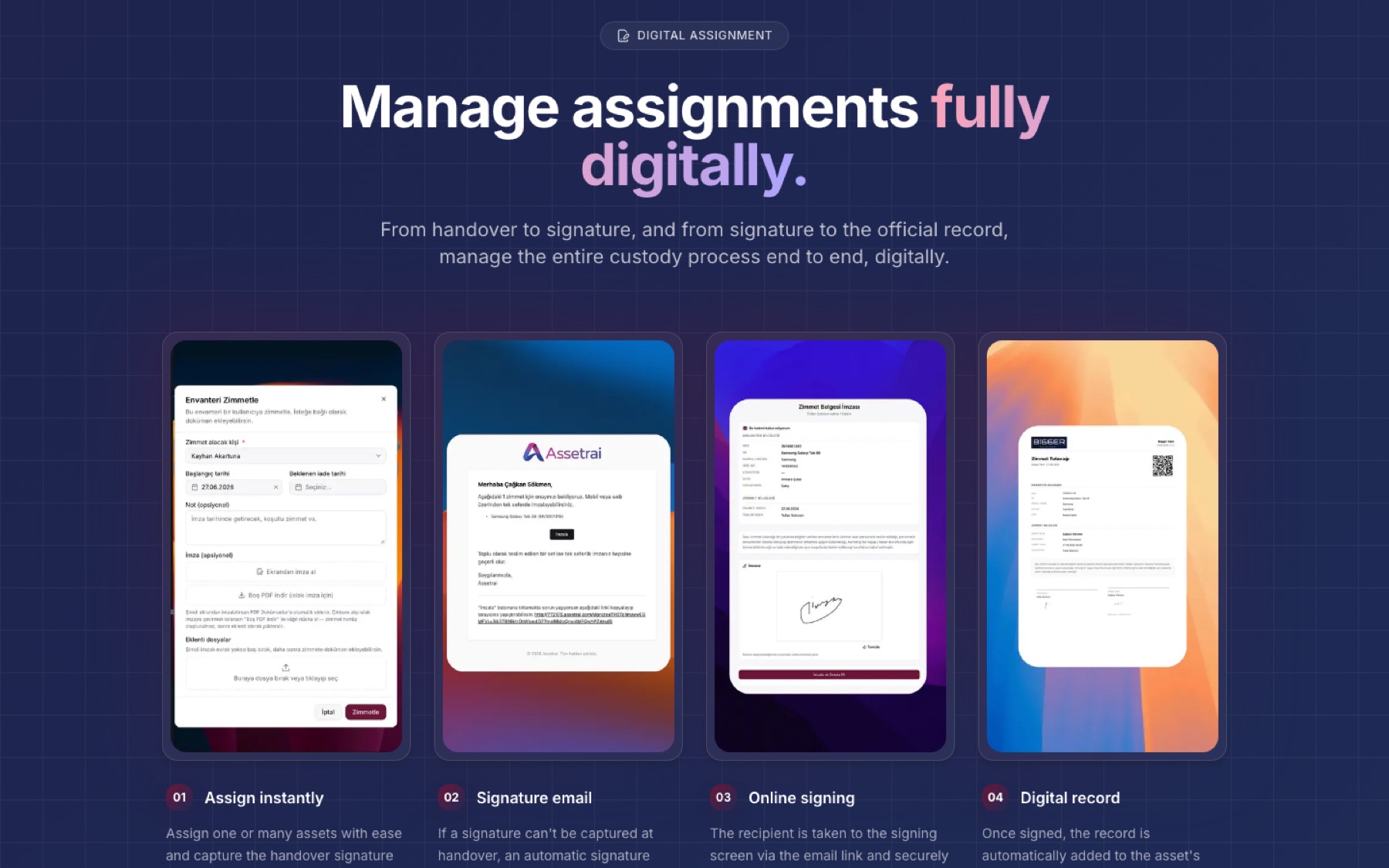 Assetrai: Digital assignment flow: assign, email for signature, sign online, record filed.