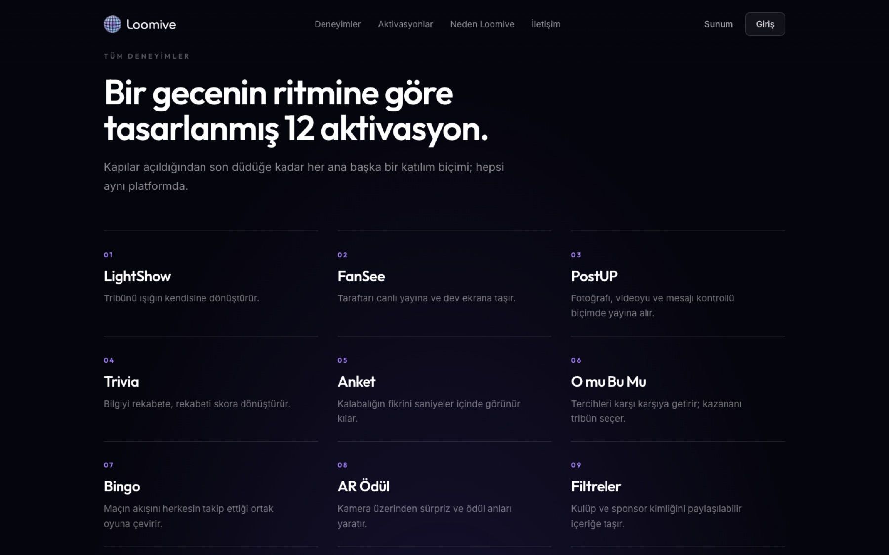 Loomive: Twelve activations designed around the rhythm of a match night.