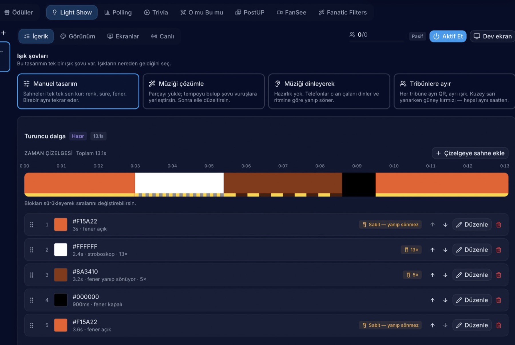 Loomive: Admin panel: LightShow timeline editor with colour, strobe and flashlight scenes.