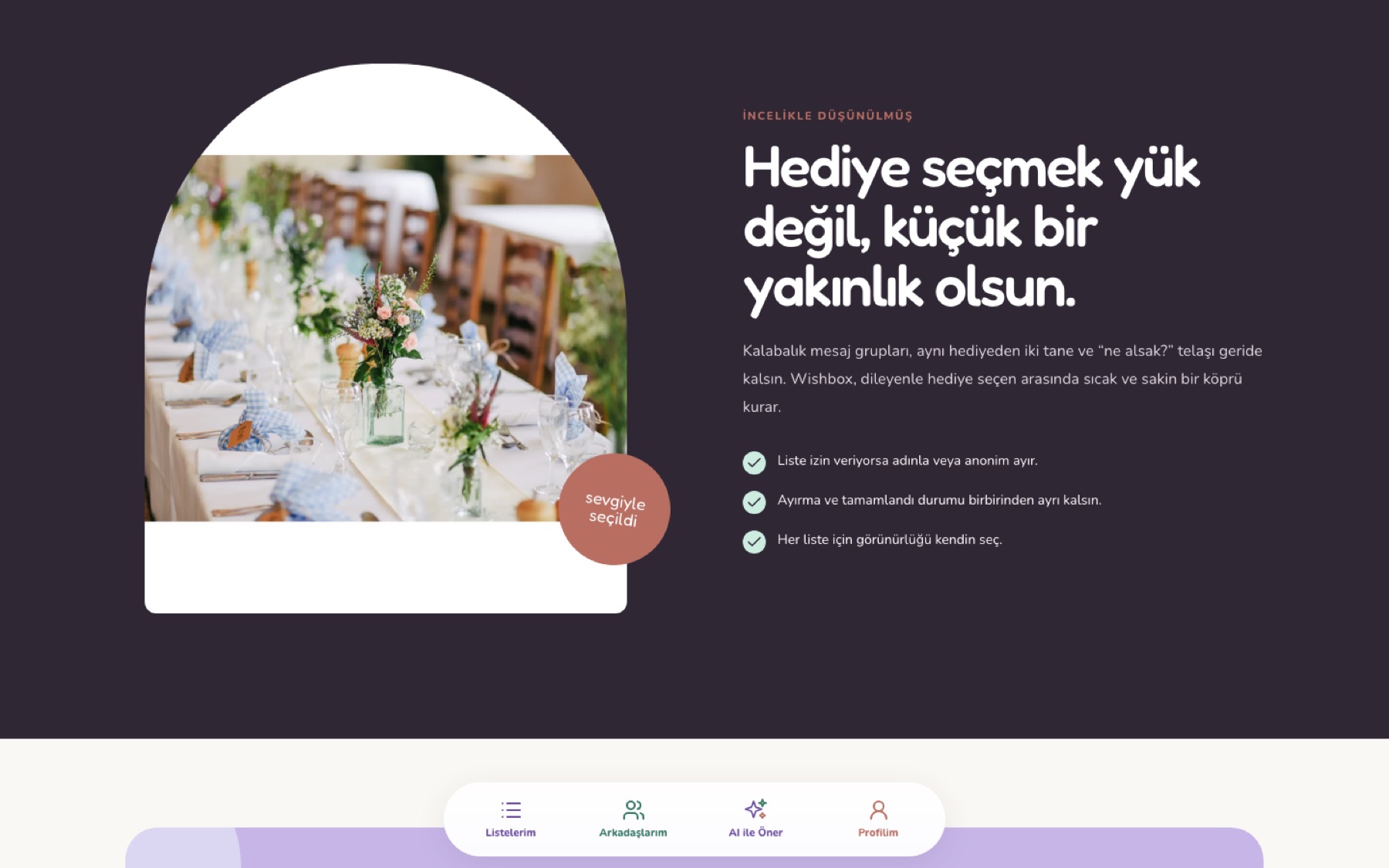 Wishbox: Reserve by name or anonymously, with visibility chosen per list.